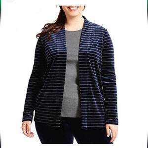 Talbots luxe plush velour navy blue gray striped open front cardigan 3x NWT